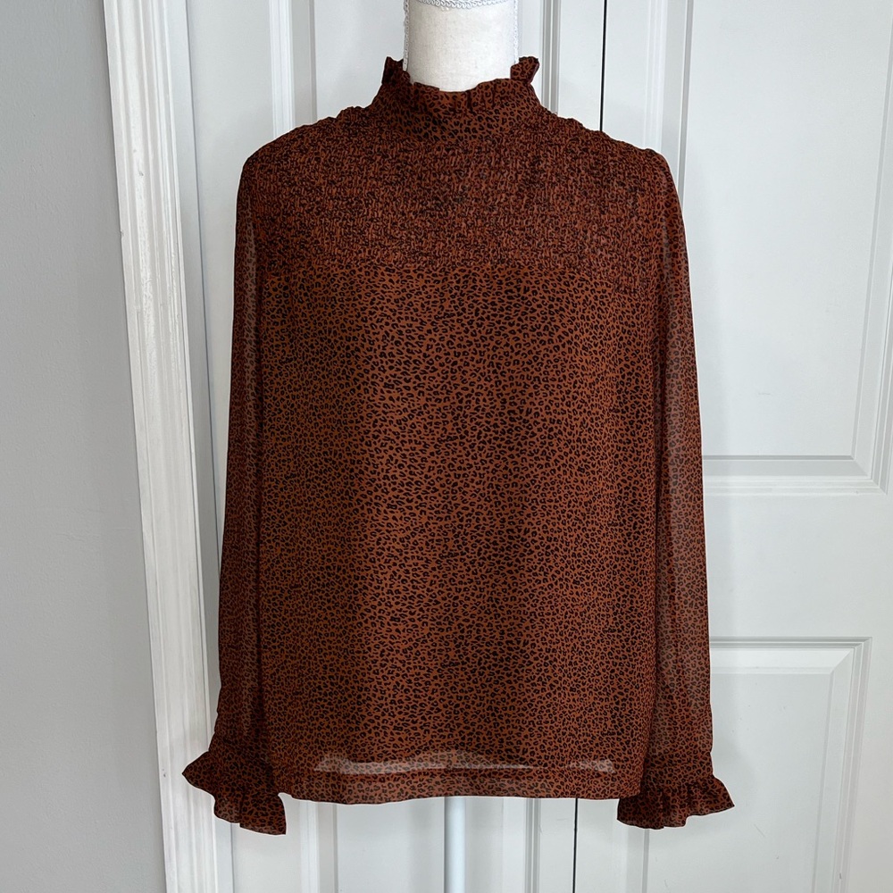 Suncoo Brown Black Leopard Print Sheer Lavande Blouse Mock Neck Smocked Ruffle